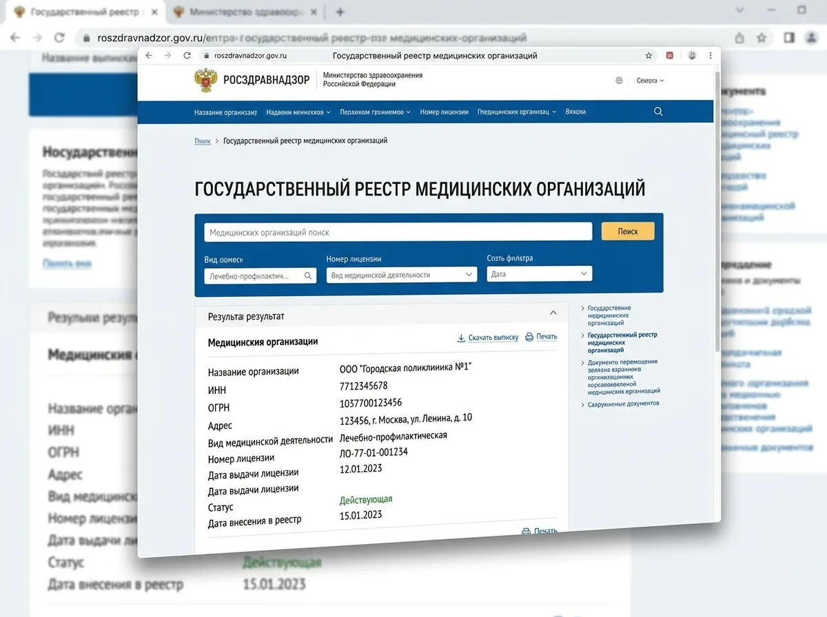 Запись в государственном реестре медицинских организаций Росздравнадзора, скриншот с официального сайта ведомства